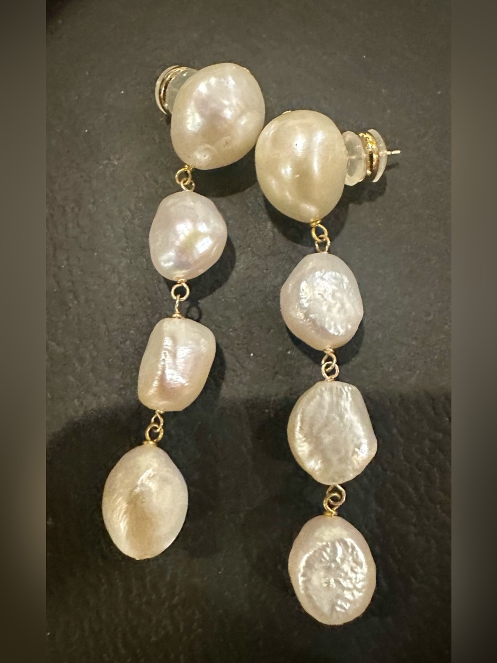 New Long Large 10K Gold Earrings Long dangly natural pearl solid gold earrings